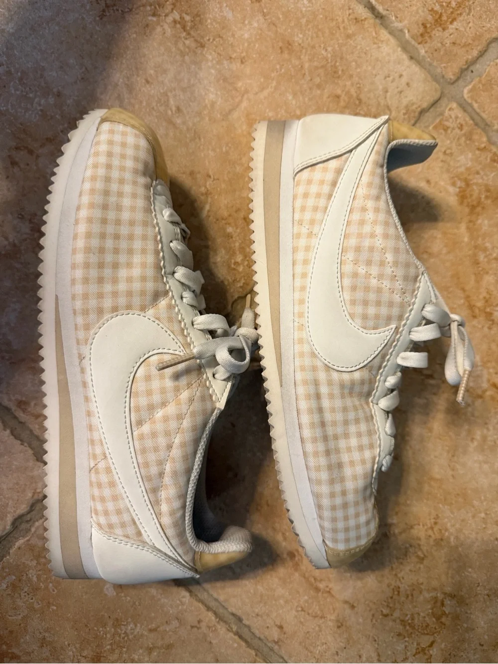 Nike Women’s Gingham Cortez Sneakers in Cream and White